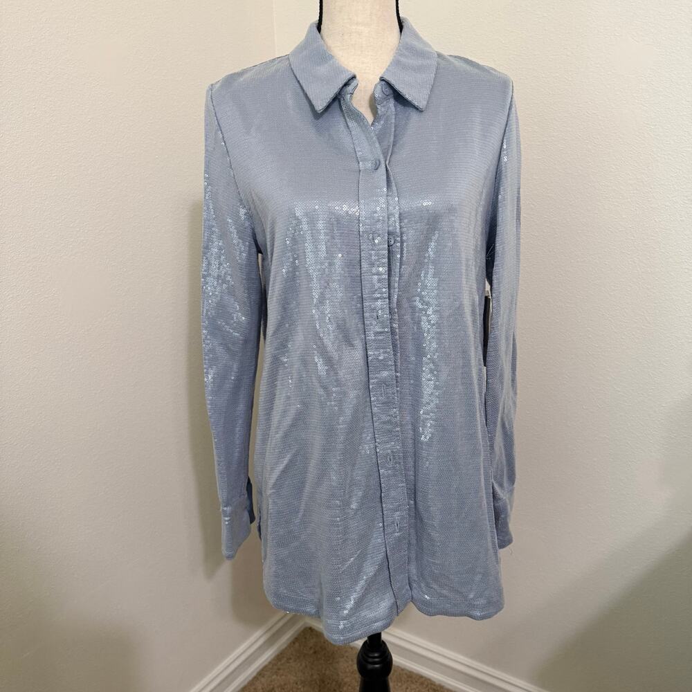 Worthington x Jason Bolden Light Blue Sequin Long Sleeve Blouse Shirt Small NWT